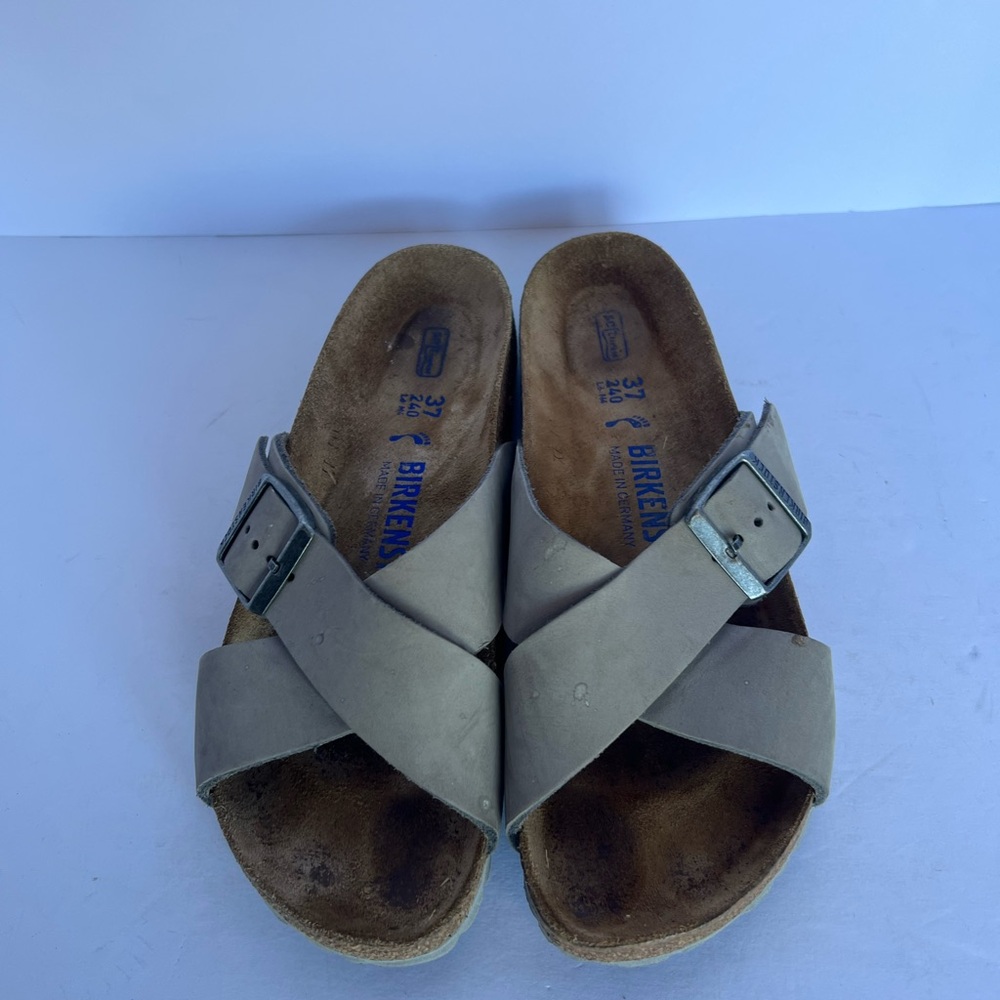 Birkenstock  Taupe Crisscross Slide Sandals